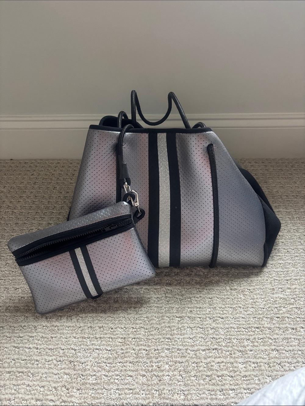 HAUTE SHORE Silver and Black Neoprene Tote with Matching Pouch